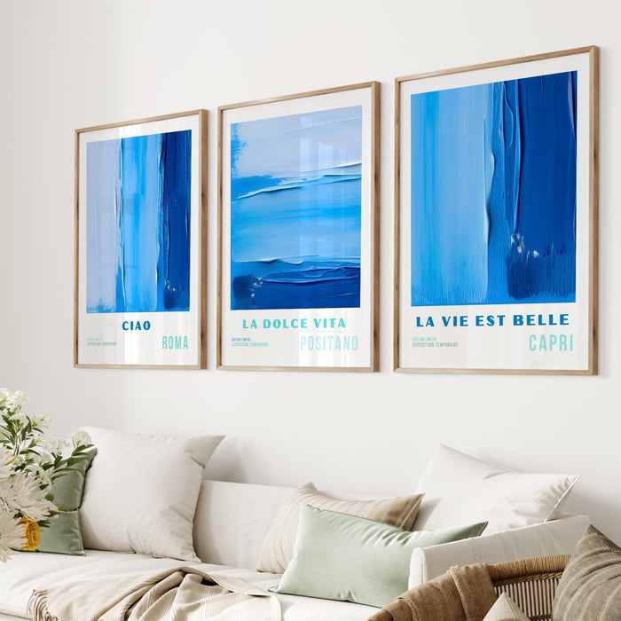 Blue abstract painting, printable set of 3, maximalist art, digital print,  blue gallery wall art print, coastal decor, bright art