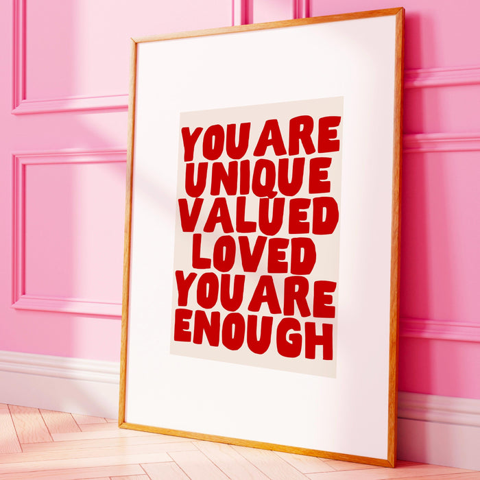 You are unique red poster, funky 70s pink wall art, digital artwork,printable, girly dorm room art trendy retro digital download