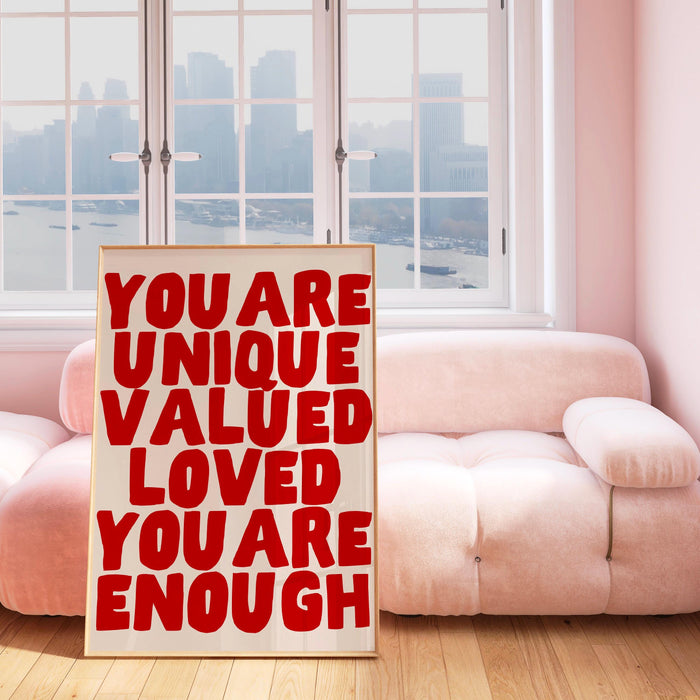 You are unique red poster, funky 70s pink wall art, digital artwork,printable, girly dorm room art trendy retro digital download