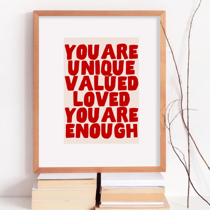 You are unique red poster, funky 70s pink wall art, digital artwork,printable, girly dorm room art trendy retro digital download