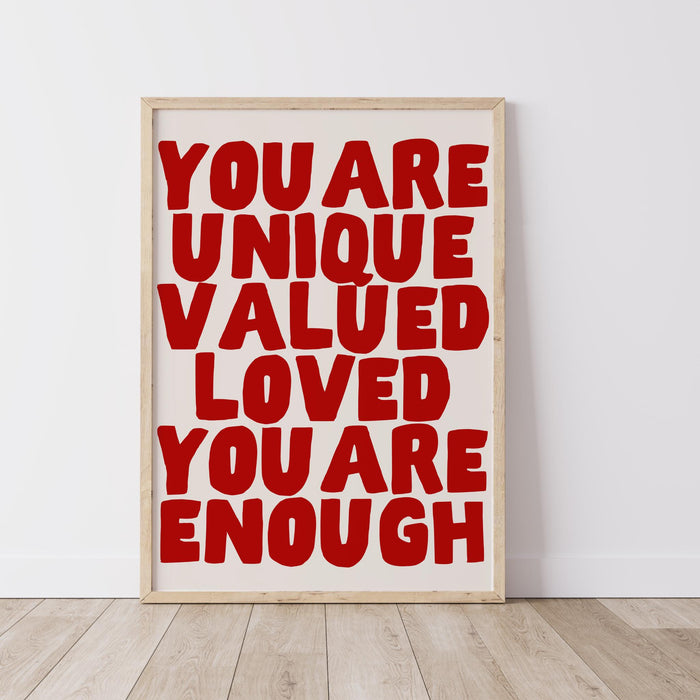 You are unique red poster, funky 70s pink wall art, digital artwork,printable, girly dorm room art trendy retro digital download