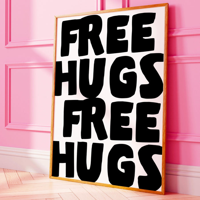 Free hugs unique black white typography poster, funky 70s wall art, digital artwork,printable, girly dorm room trendy retro digital download