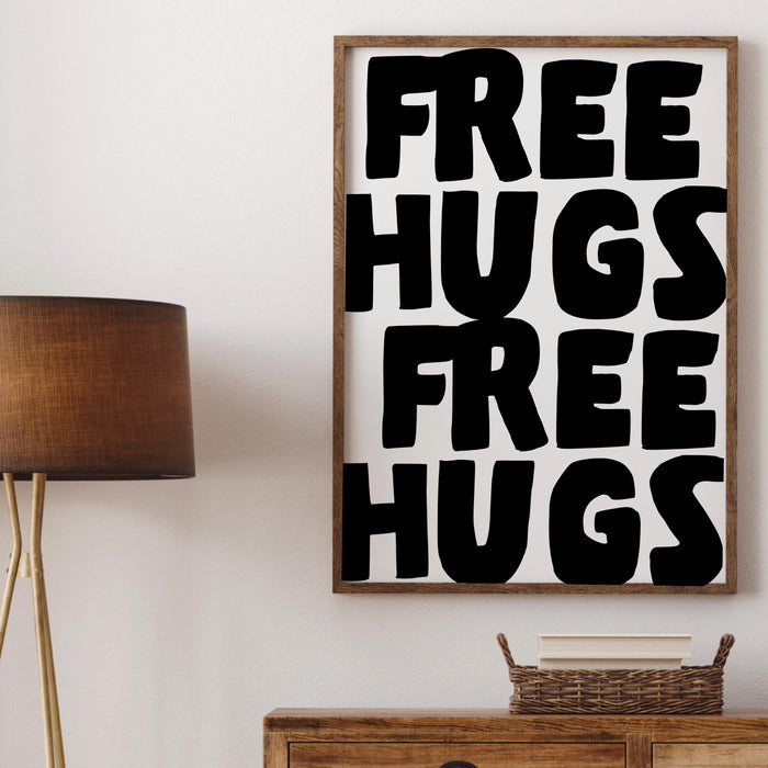 Free hugs unique black white typography poster, funky 70s wall art, digital artwork,printable, girly dorm room trendy retro digital download