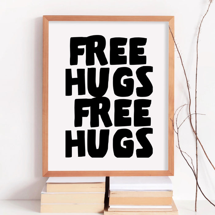 Free hugs unique black white typography poster, funky 70s wall art, digital artwork,printable, girly dorm room trendy retro digital download