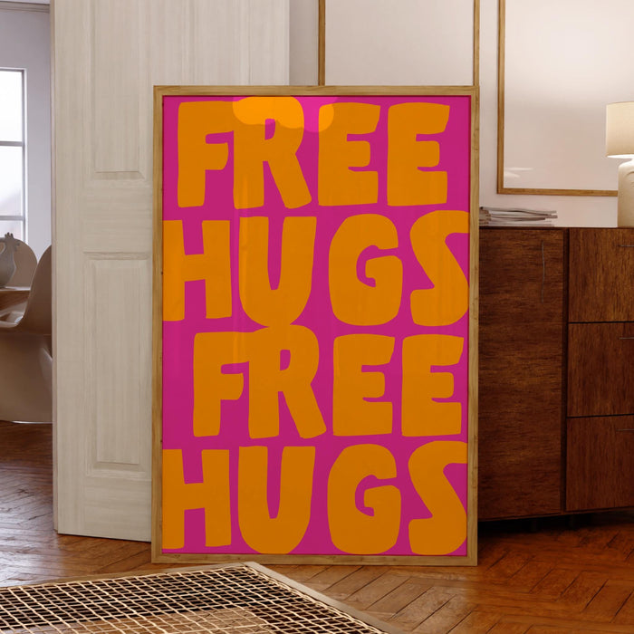 Free hugs pink orange print unique poster, funky 70s pink wall art, digital artwork,printable, girly dorm room trendy retro digital download