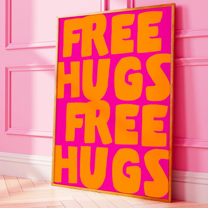 Free hugs pink orange print unique poster, funky 70s pink wall art, digital artwork,printable, girly dorm room trendy retro digital download
