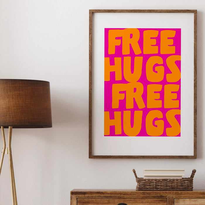 Free hugs pink orange print unique poster, funky 70s pink wall art, digital artwork,printable, girly dorm room trendy retro digital download