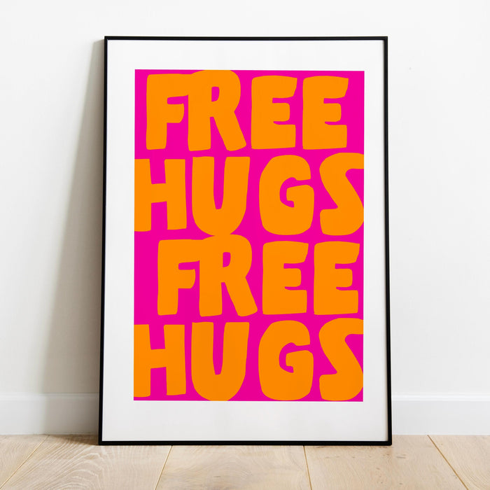 Free hugs pink orange print unique poster, funky 70s pink wall art, digital artwork,printable, girly dorm room trendy retro digital download