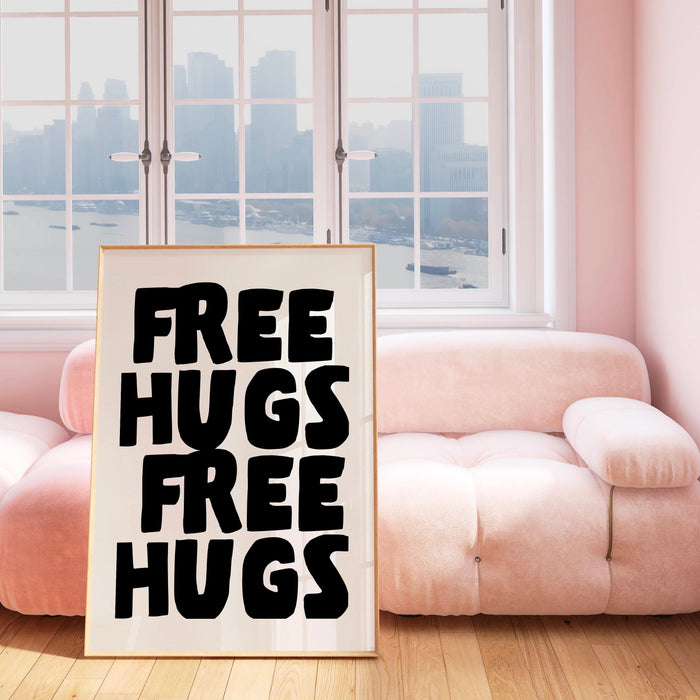Free hugs unique black white typography poster, funky 70s wall art, digital artwork,printable, girly dorm room trendy retro digital download
