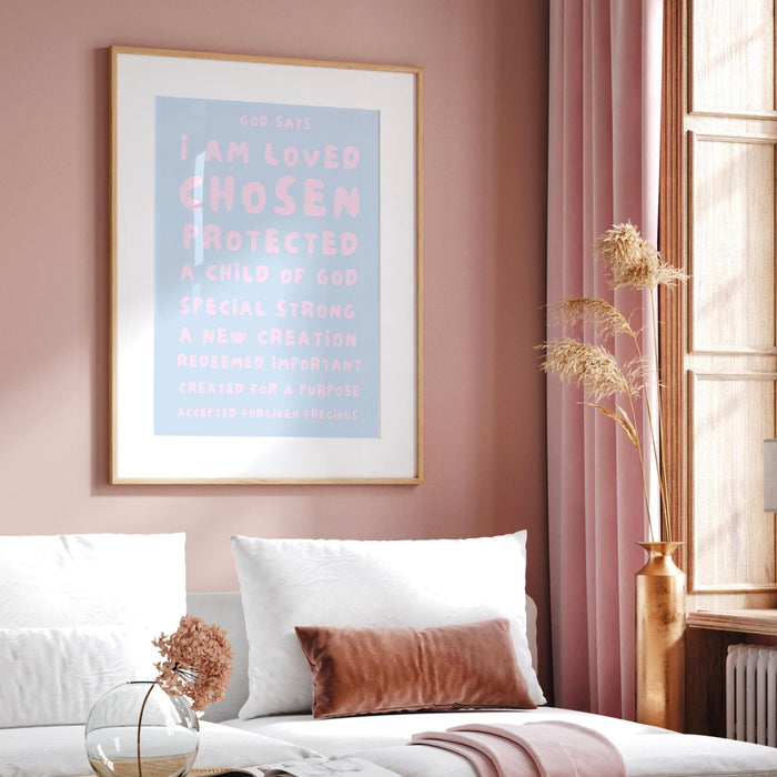 God Says I Am Loved Christian Scripture Gift pale blue blush pink Poster Pink Wall Art Printable Maximalist Christian Dorm Digital Download