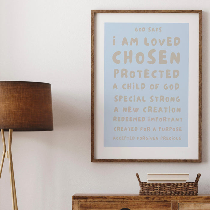 God Says I Am Loved Christian Scripture Gift  Poster Beige Blue Neutral Wall Art Printable Maximalist Christian Print Dorm Digital Download