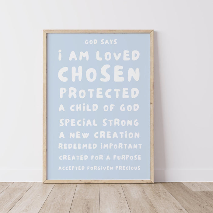 God Says I Am Loved Christian Scripture Gift Baby Blue Poster Nursery Wall Art Printable Maximalist Christian Dorm Digital Download