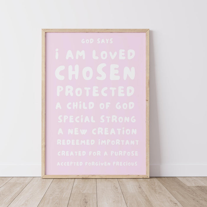 God Says I Am Loved Christian Scripture Gift pale blush pink Poster Pink Nursery Wall Art Printable Jesus Christian Dorm Digital Download