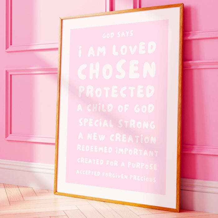 God Says I Am Loved Christian Scripture Gift pale blush pink Poster Pink Nursery Wall Art Printable Jesus Christian Dorm Digital Download