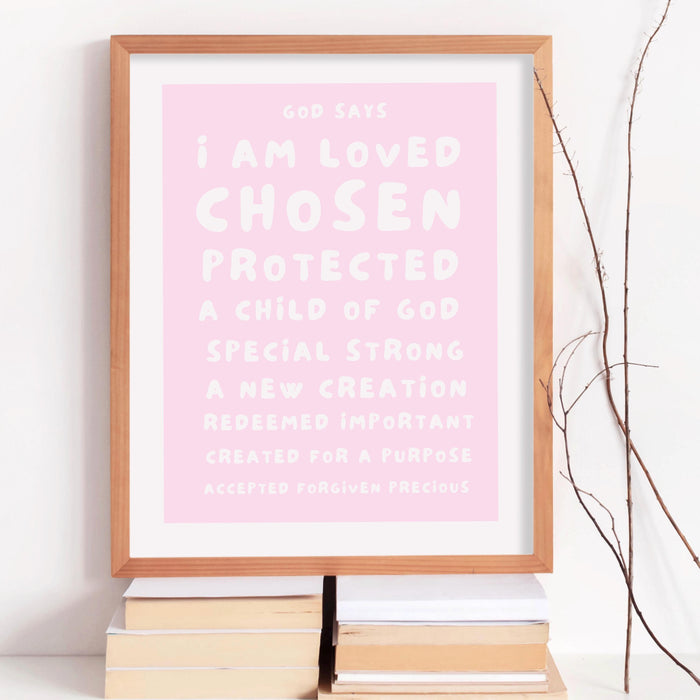 God Says I Am Loved Christian Scripture Gift pale blush pink Poster Pink Nursery Wall Art Printable Jesus Christian Dorm Digital Download