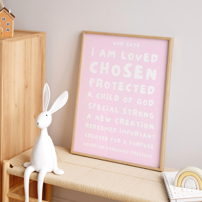 God Says I Am Loved Christian Scripture Gift pale blush pink Poster Pink Nursery Wall Art Printable Jesus Christian Dorm Digital Download