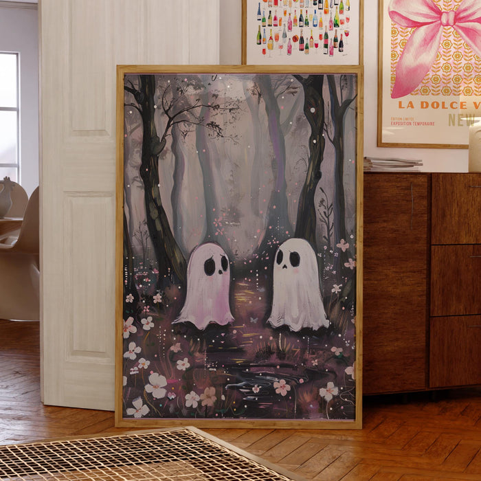 Cute ghost in the forest halloween print nursery wall art spooky ghost painting digital download 1 print