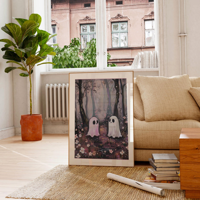 Cute ghost in the forest halloween print nursery wall art spooky ghost painting digital download 1 print
