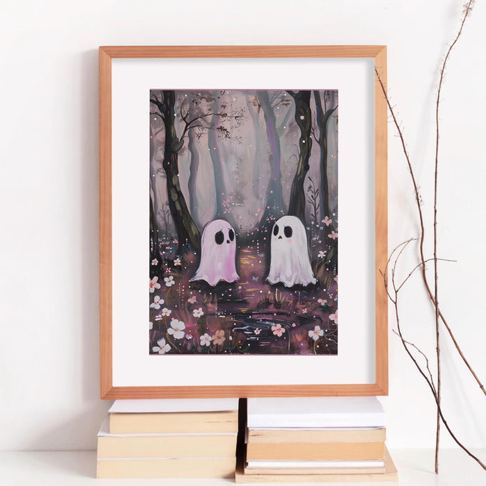 Cute ghost in the forest halloween print nursery wall art spooky ghost painting digital download 1 print