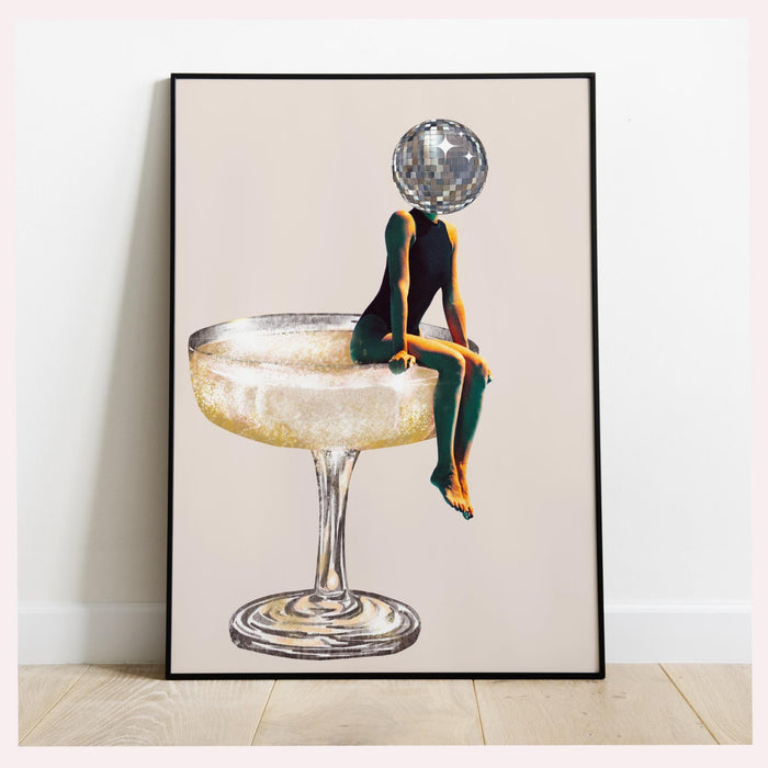 Disco ball head poster, funky disco 70s print, retro wall art, digital artwork, luxury mirrorball printable, girly dorm room artt trendy