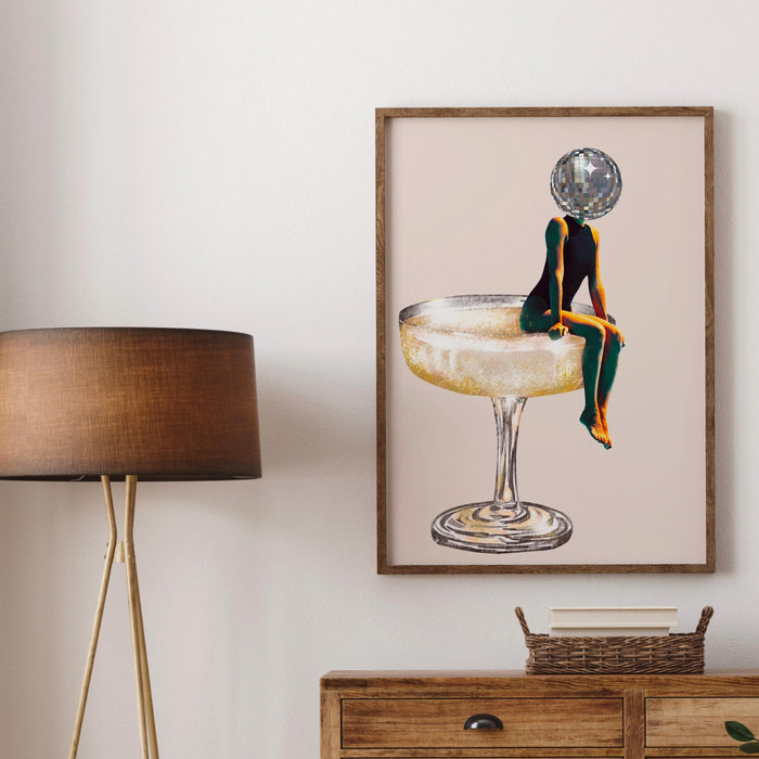 Disco ball head poster, funky disco 70s print, retro wall art, digital artwork, luxury mirrorball printable, girly dorm room artt trendy