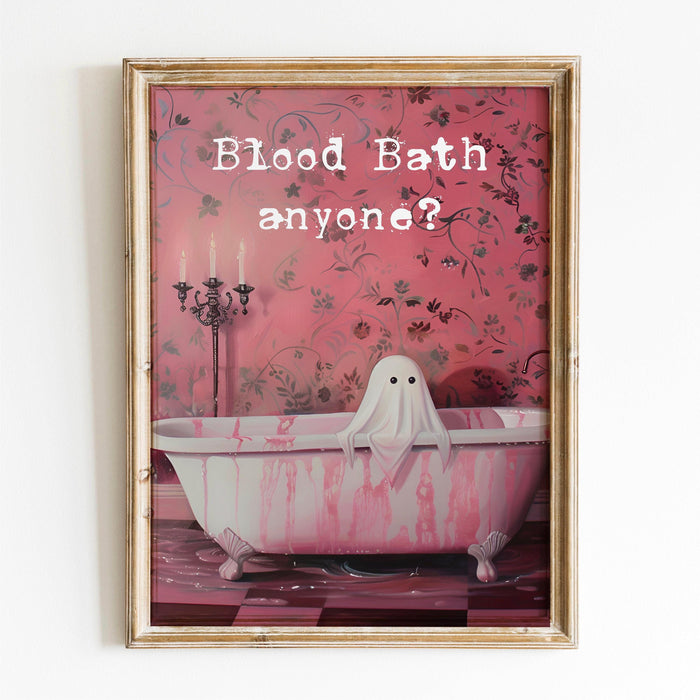 Blood bath halloween bathroom laundry art cute creepy ghost in bath funny halloween pink print creepy spooky wall art digital download