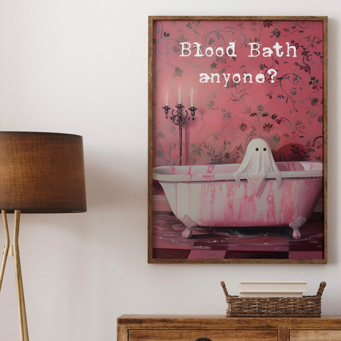 Blood bath halloween bathroom laundry art cute creepy ghost in bath funny halloween pink print creepy spooky wall art digital download