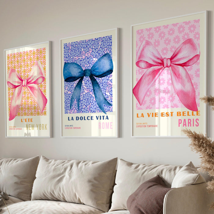 Coquette pink bow prints trendy retro wall art set of 3 travel posters aesthetic print coquette pink bow flower print digital art
