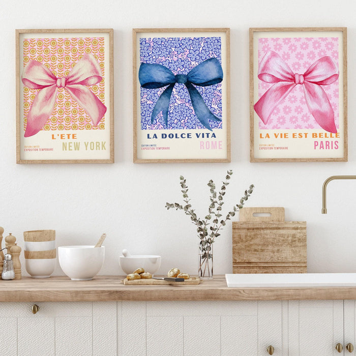 Coquette pink bow prints trendy retro wall art set of 3 travel posters aesthetic print coquette pink bow flower print digital art