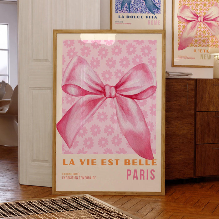 Coquette pink bow prints trendy retro wall art set of 3 travel posters aesthetic print coquette pink bow flower print digital art