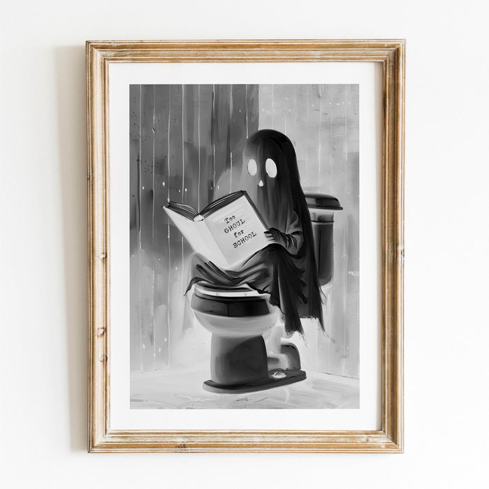 Bathroom art cute booklover halloween wall art ghost funny toilet halloween bath art print black and white kids wall art digital download