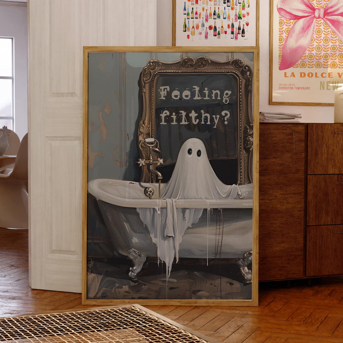 feeling Filthy vintage halloween bathroom laundry art cute creepy ghost in bath funny halloween print  fun spooky wall art digital download