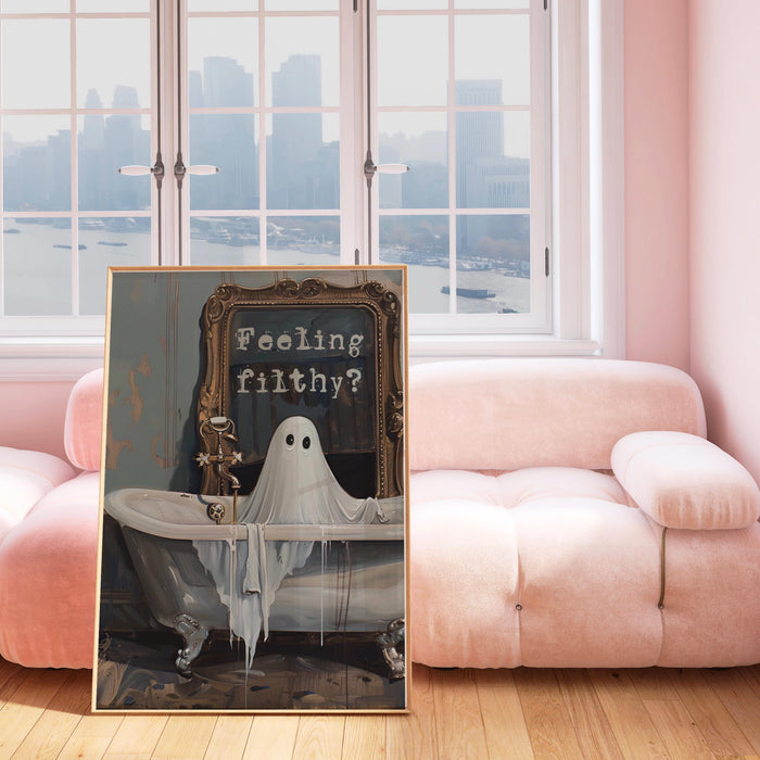 feeling Filthy vintage halloween bathroom laundry art cute creepy ghost in bath funny halloween print  fun spooky wall art digital download