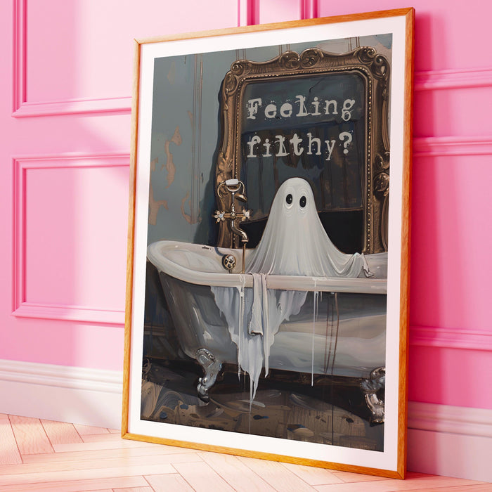 feeling Filthy vintage halloween bathroom laundry art cute creepy ghost in bath funny halloween print  fun spooky wall art digital download