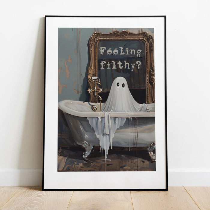 feeling Filthy vintage halloween bathroom laundry art cute creepy ghost in bath funny halloween print  fun spooky wall art digital download