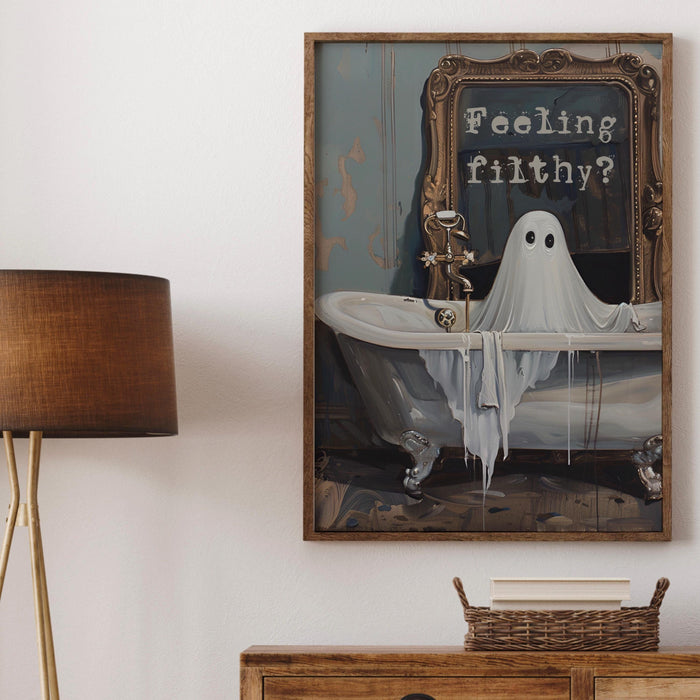 feeling Filthy vintage halloween bathroom laundry art cute creepy ghost in bath funny halloween print  fun spooky wall art digital download