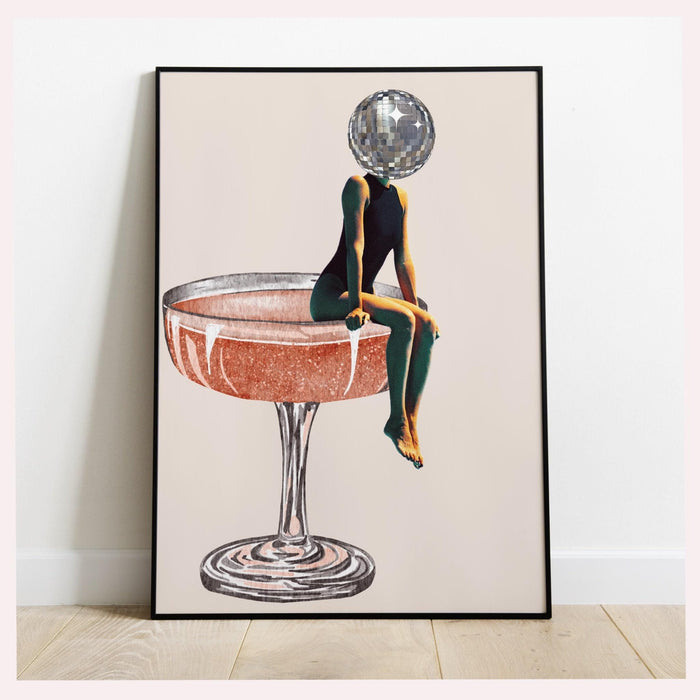 Disco ball head poster, funky disco 70s print, retro wall art, digital artwork, luxury mirrorball printable, girly dorm room artt trendy