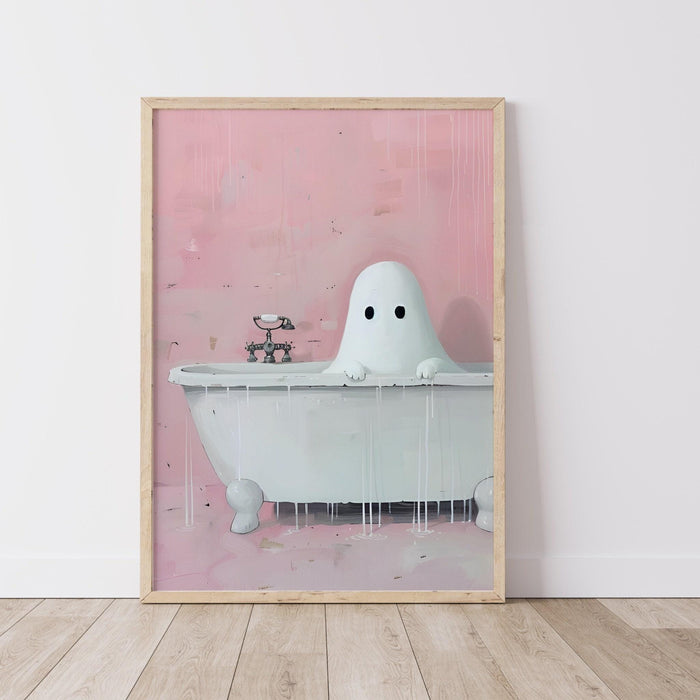 Bathroom art cute ghost in bath funny halloween pink bathroom print nursery wall art digital download