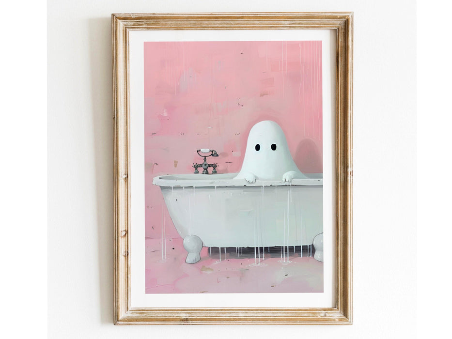Bathroom art cute ghost in bath funny halloween pink bathroom print nursery wall art digital download