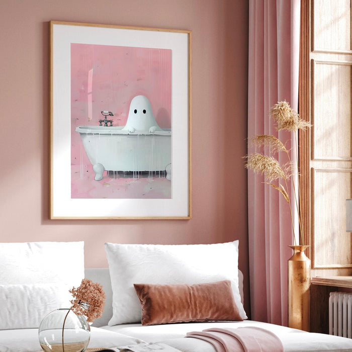 Bathroom art cute ghost in bath funny halloween pink bathroom print nursery wall art digital download