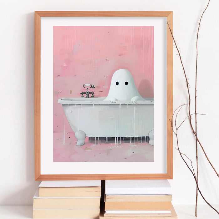Bathroom art cute ghost in bath funny halloween pink bathroom print nursery wall art digital download