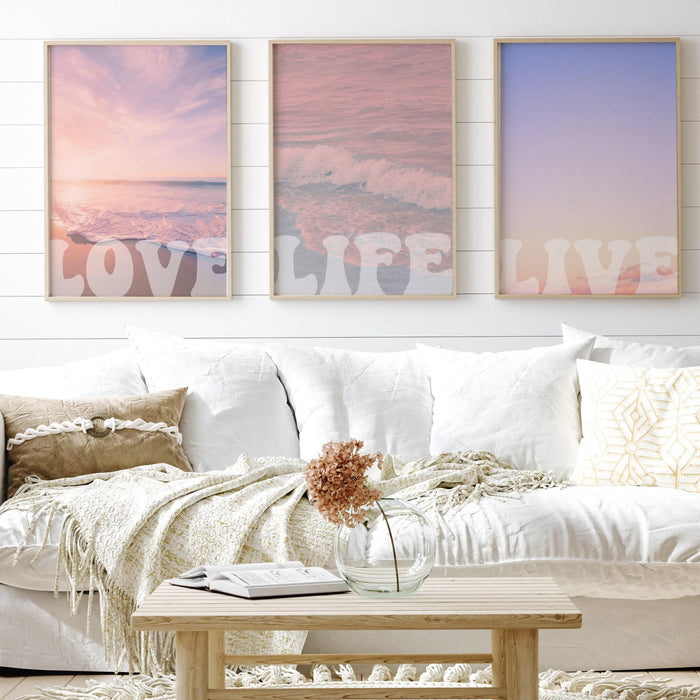 Love life live, set of 6 pale pink prints, aura posters| digital download | sunset art, printable, sunrise ocean print, hippie 70's poster
