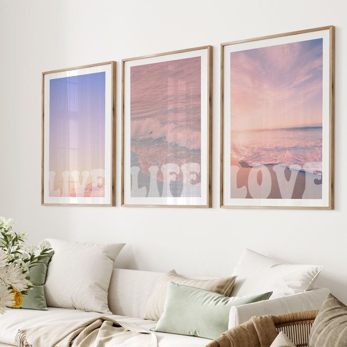 Love life live, set of 6 pale pink prints, aura posters| digital download | sunset art, printable, sunrise ocean print, hippie 70's poster