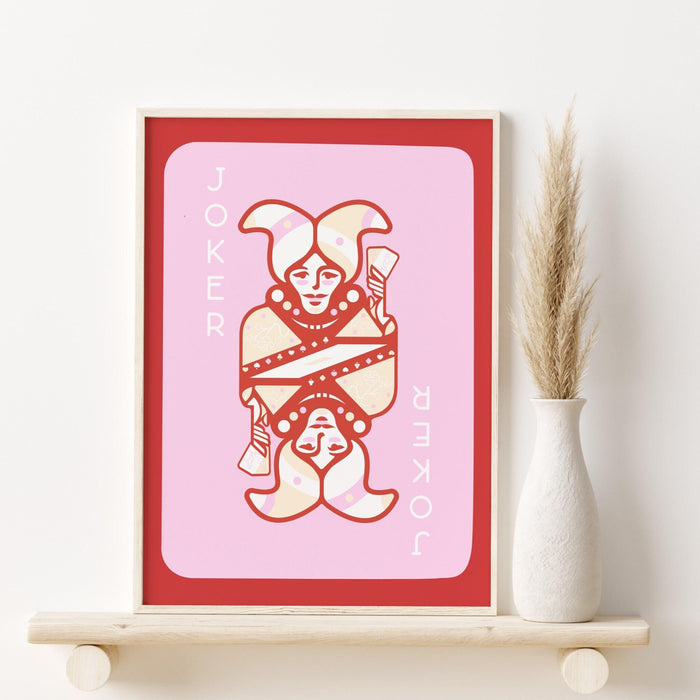 Trendy retro wall art, vintage aesthetic print, pink red joker poster, lucky you, trendy wall art, funny art, digital, art deco wall art