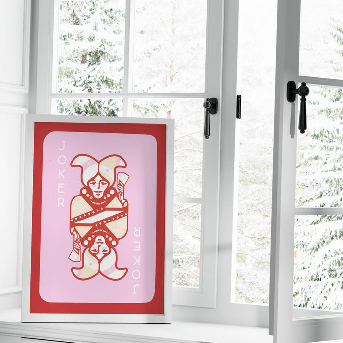 Trendy retro wall art, vintage aesthetic print, pink red joker poster, lucky you, trendy wall art, funny art, digital, art deco wall art