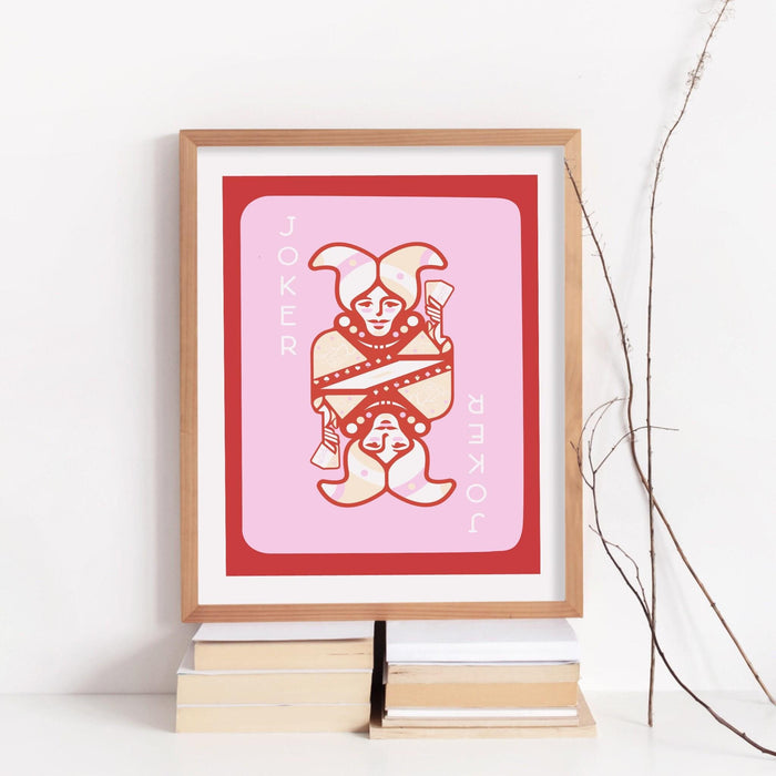 Trendy retro wall art, vintage aesthetic print, pink red joker poster, lucky you, trendy wall art, funny art, digital, art deco wall art