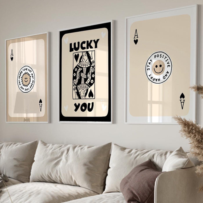 Trendy retro wall art set of 9, retro trendy aesthetic print, black and beige poster, lucky you poster, trendy wall art, funny art, digital,