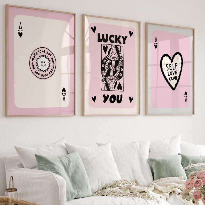 Trendy retro wall art set of 9, retro aesthetic print, pink and gray beige poster, lucky you print, trendy wall art, funny art digital