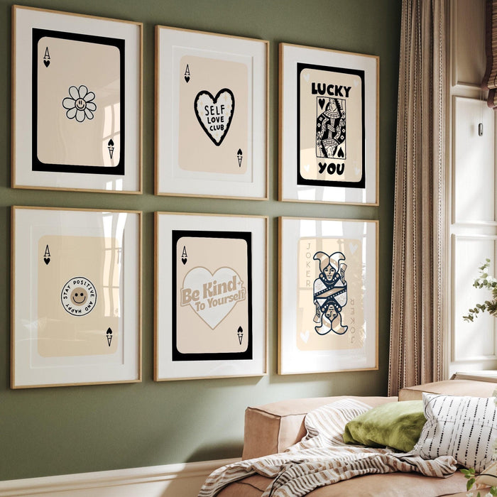 Trendy retro wall art set of 9, retro trendy aesthetic print, black and beige poster, lucky you poster, trendy wall art, funny art, digital,