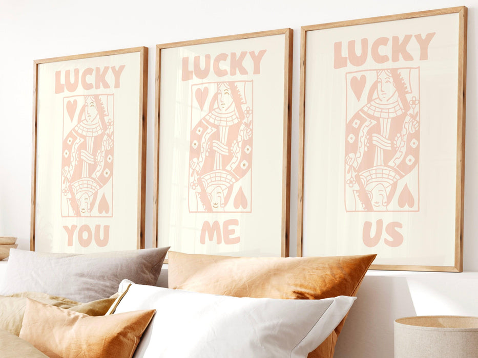 Trendy retro wall art set of 3, retro trendy aesthetic print,lucky you poster,beige print,trendy wall art,funny art, minimalist, digital art